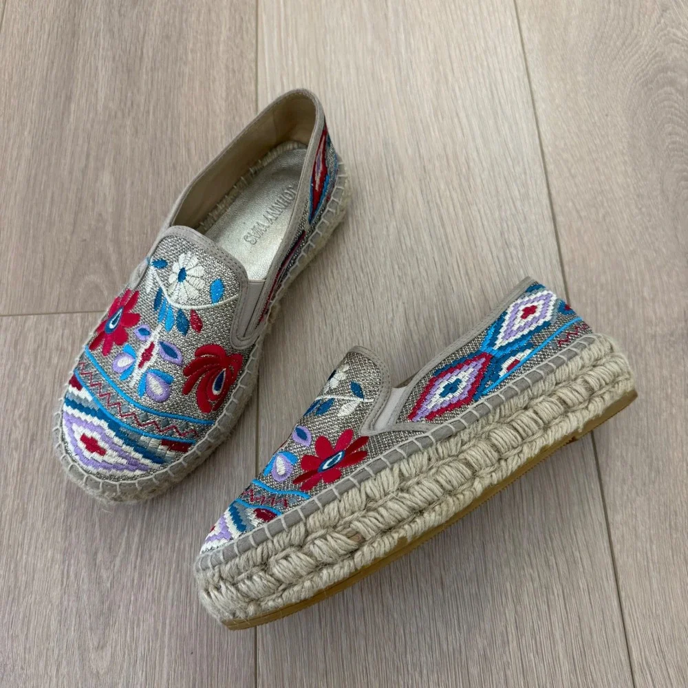Johnny Was Embroidered Espadrille Platform Flats Metallic Floral Slip On Size 37